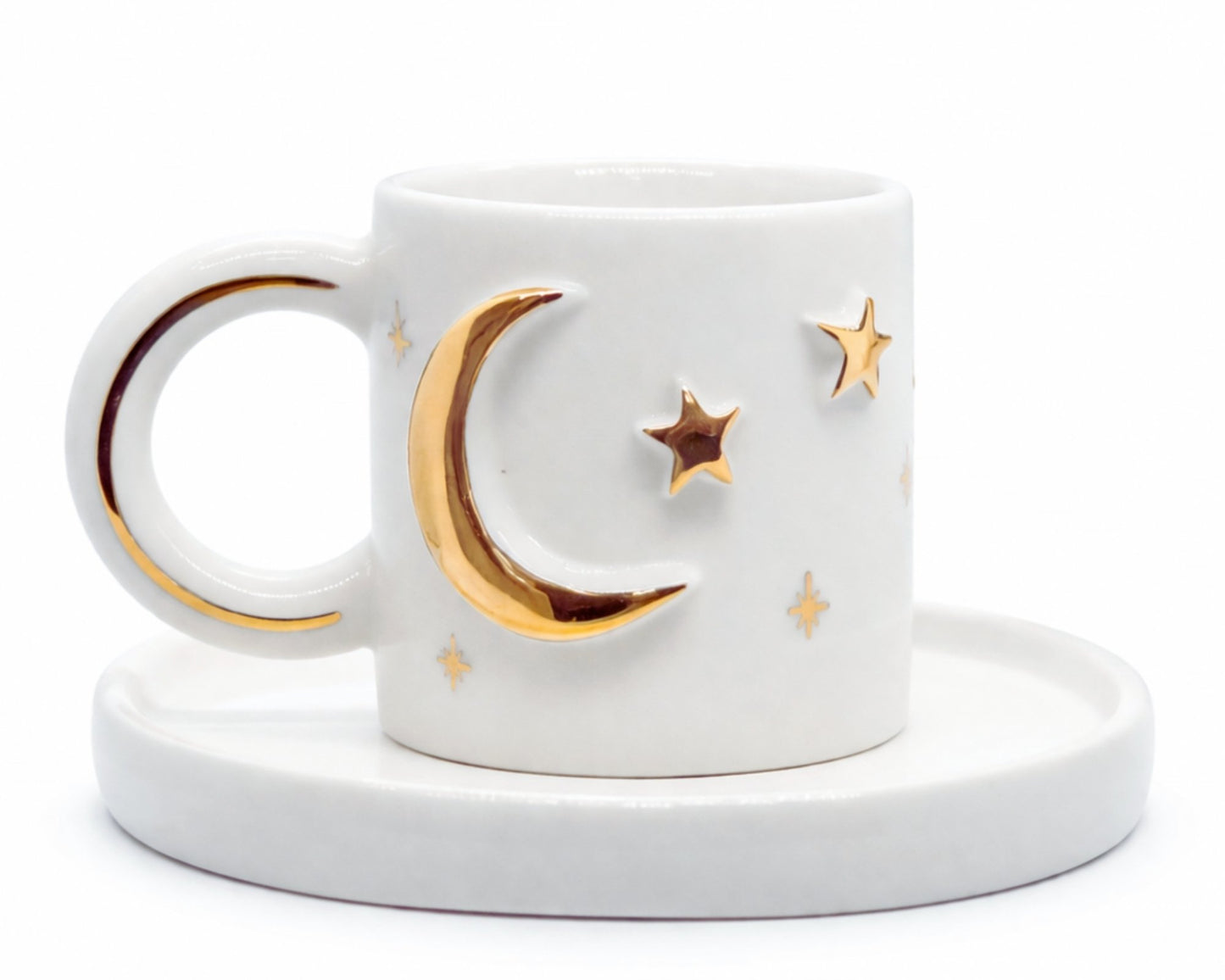 Hediyelik altın ay ve yıldız desenli el yapımı seramik fincan, 24K altın dekorlu premium handmade gold luna temalı tasarım fincan ve tabağı.