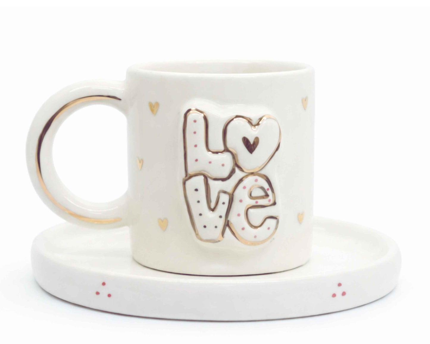 Hediyelik love desenli el yapımı seramik fincan, 24K altın dekorlu premium handmade love series temalı tasarım fincan ve tabağı.