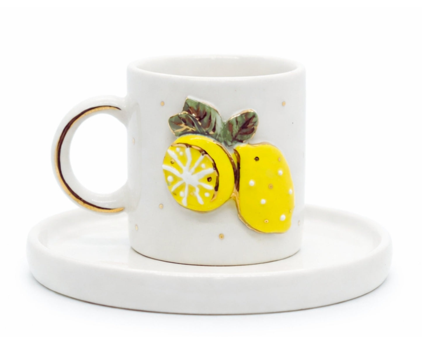Hediyelik yaz sarı limon desenli el yapımı seramik fincan, 24K altın dekorlu premium handmade lime and flower temalı tasarım fincan ve tabağı.
