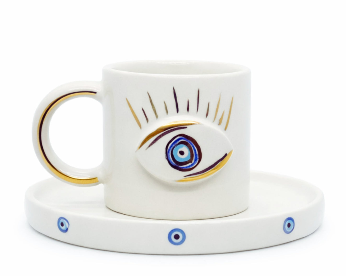 Hediyelik nazar göz evil eye desenli el yapımı seramik fincan, 24K altın dekorlu premium handmade nazar boncuğu temalı tasarım fincan ve tabağı.
