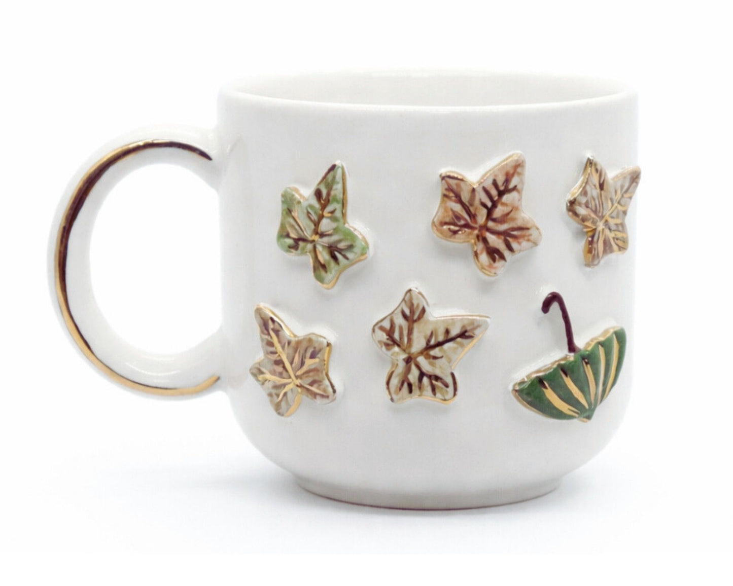 Hediyelik sonhabar desenli el yapımı seramik kupa, 24K altın dekorlu premium handmade güz yaprak temalı tasarım mug.