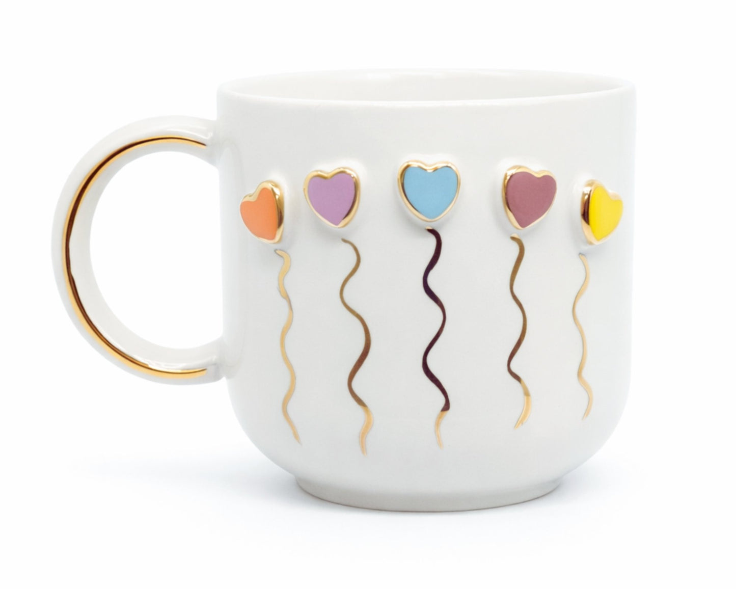 Hediyelik kalp ve balon desenli el yapımı seramik kupa, 24K altın dekorlu premium handmade sevgili temalı tasarım mug.