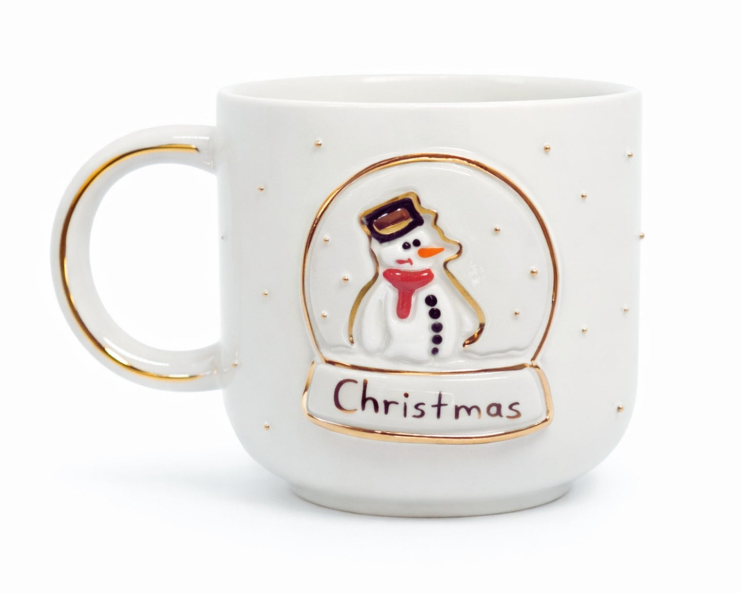 Hediyelik kardan adam ve christmas snowman desenli el yapımı seramik kupa, 24K altın dekorlu premium handmade kış temalı tasarım mug.
