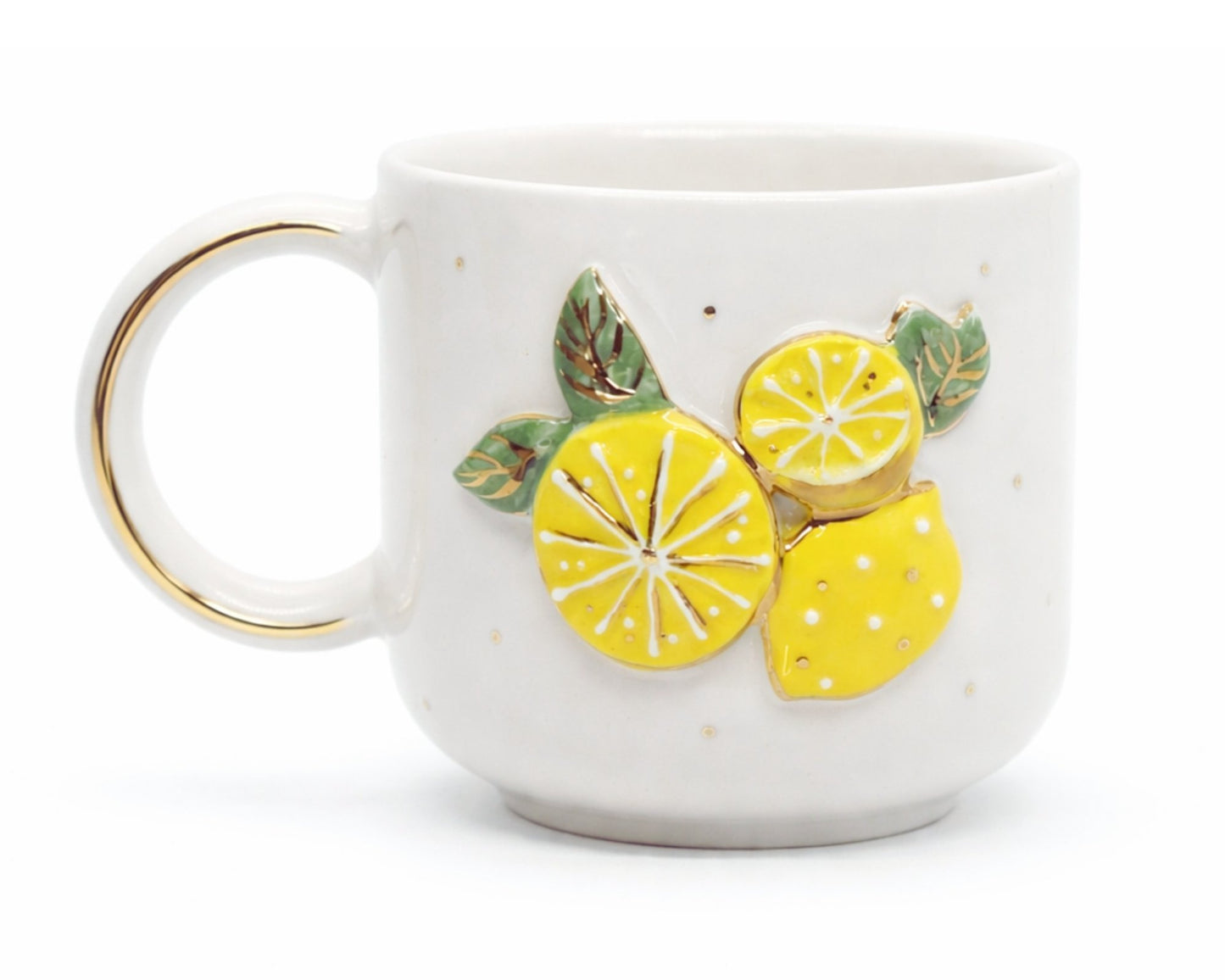 Hediyelik limon desenli el yapımı seramik kupa, 24K altın dekorlu premium handmade yaz flowers temalı tasarım mug.