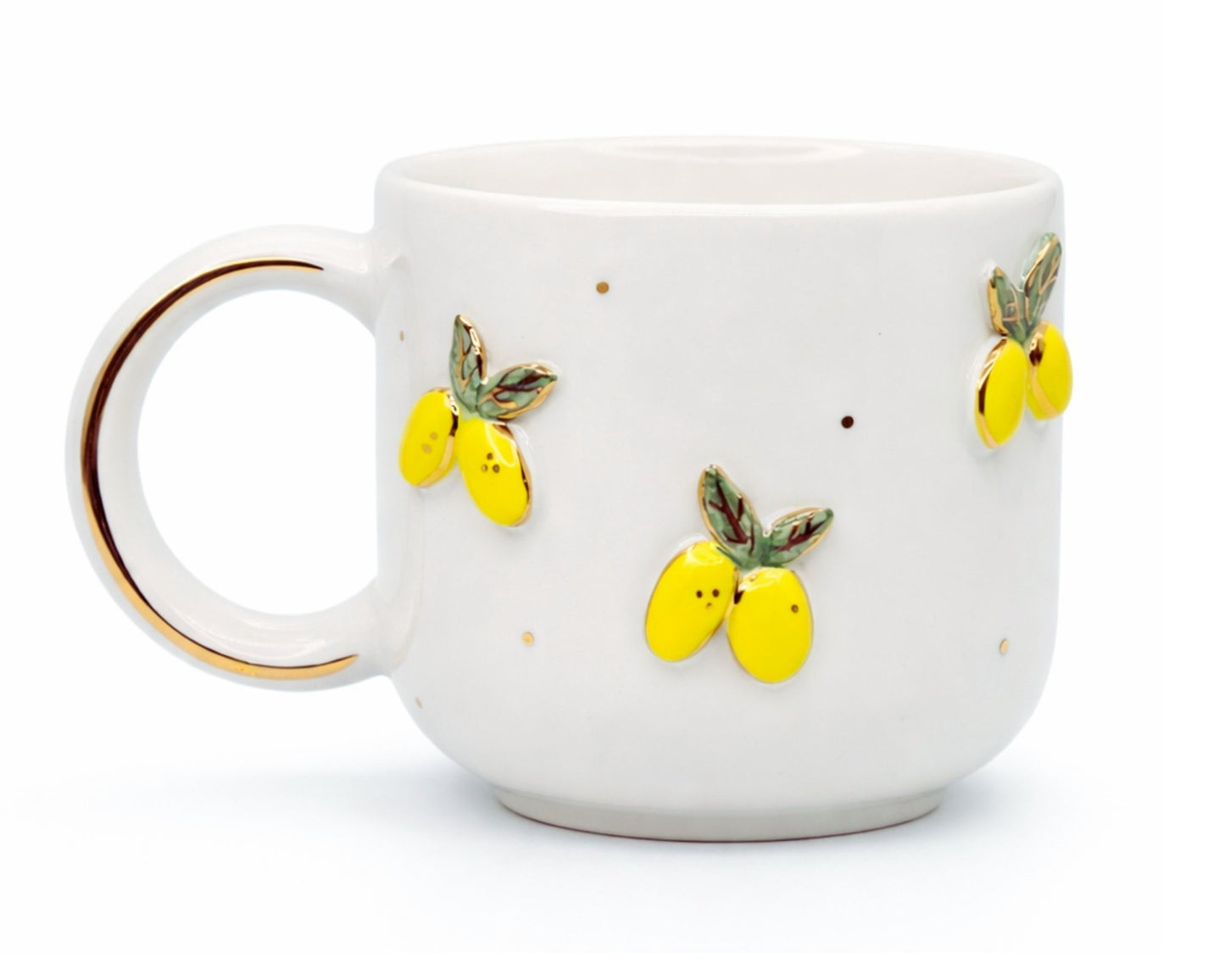 Hediyelik minik limon desenli el yapımı seramik kupa, 24K altın dekorlu premium handmade yaz flowers temalı tasarım mug.