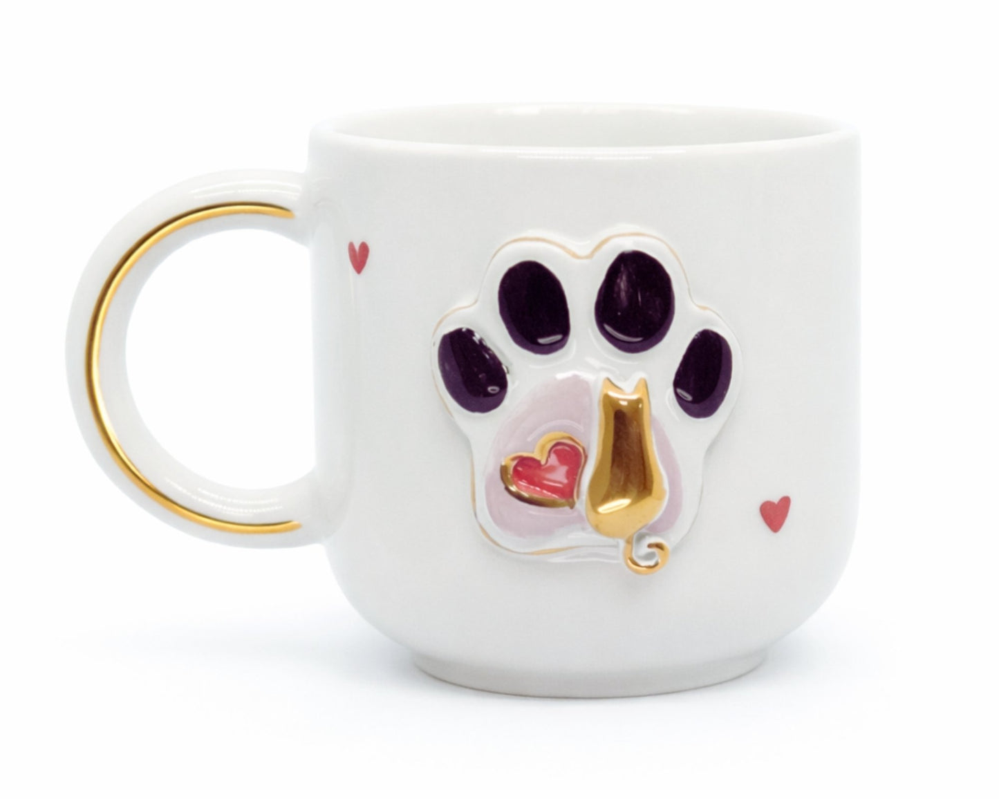 Hediyelik kedi ve pati cat desenli el yapımı seramik kupa, 24K altın dekorlu premium handmade kedi ve pati temalı tasarım mug.