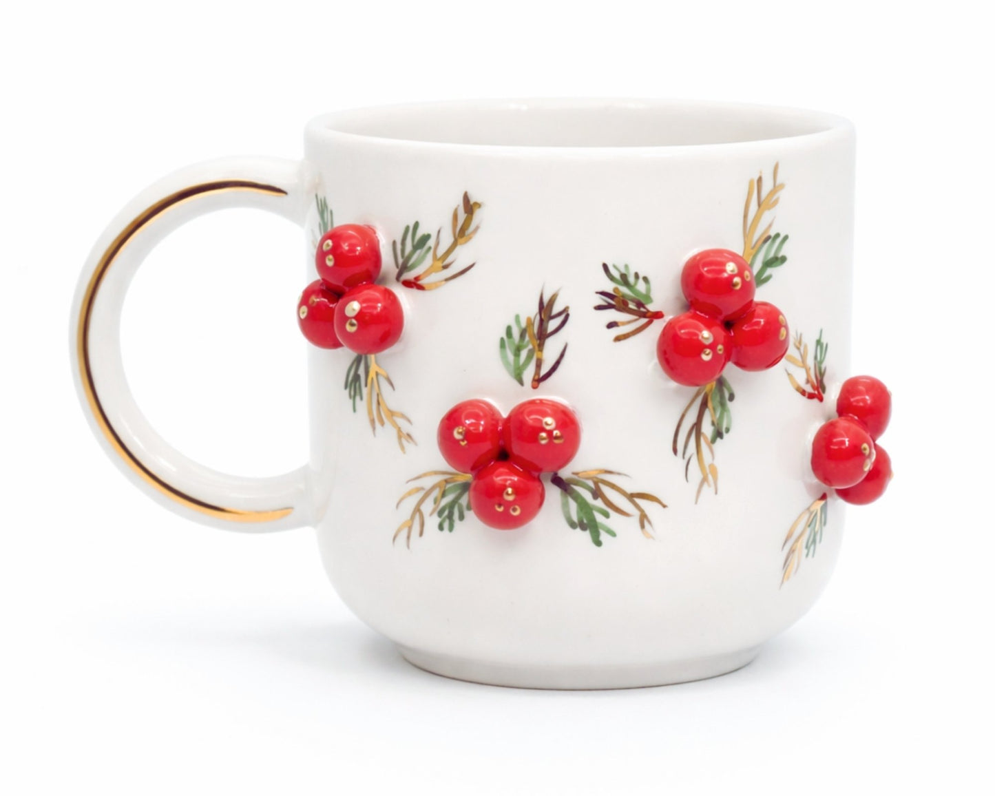 Hediyelik kokina ve christmas yılbaşı desenli el yapımı seramik kupa, 24K altın dekorlu premium handmade kış yeni yıl temalı tasarım mug.