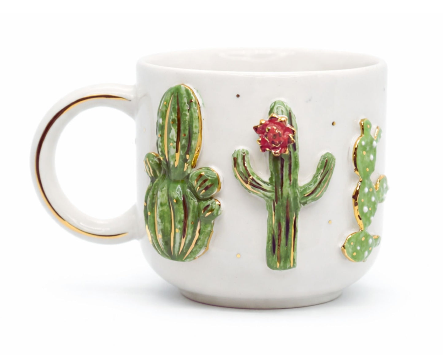 Hediyelik kaktüs desenli el yapımı seramik kupa, 24K altın dekorlu premium handmade flowers temalı tasarım mug.