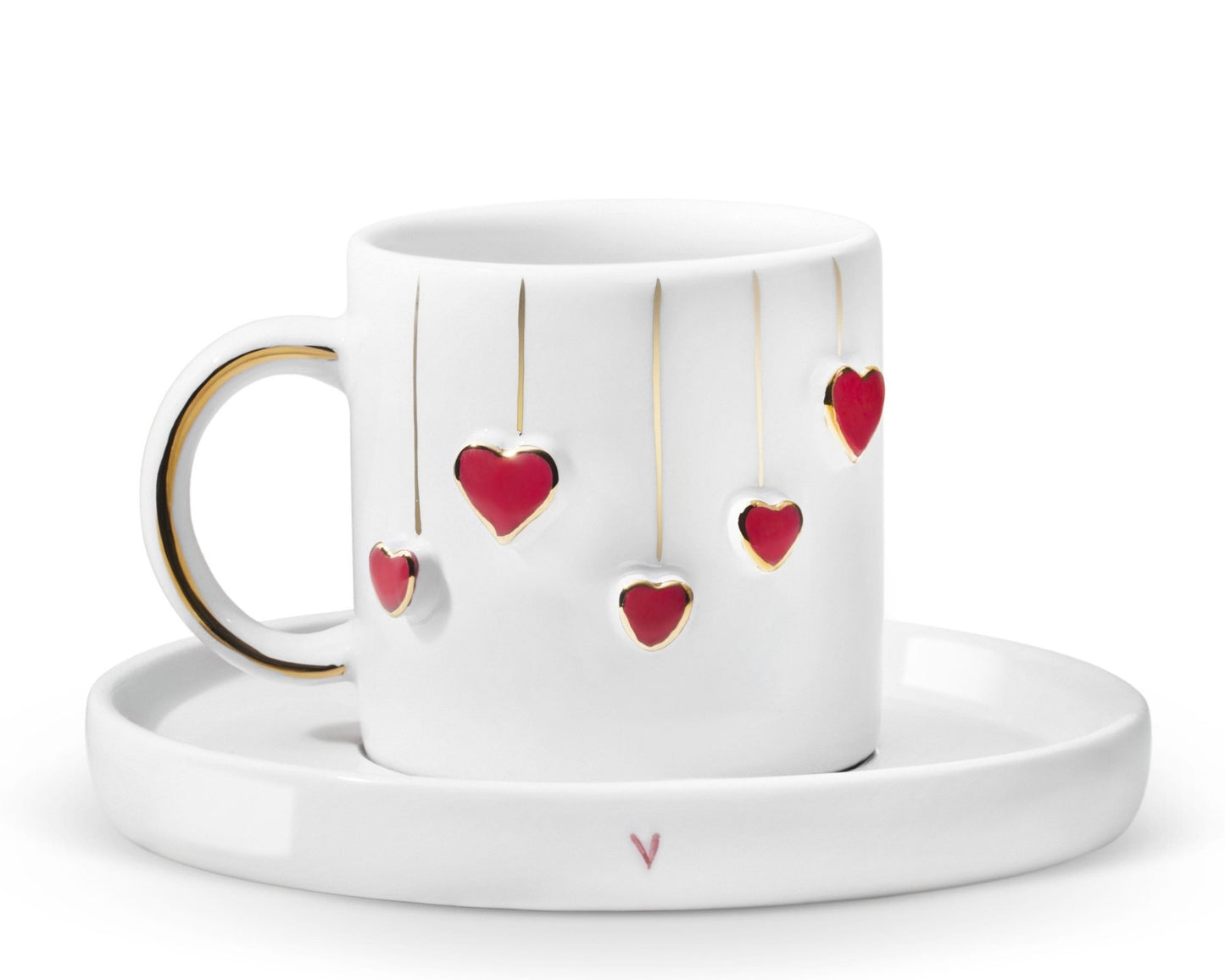 Hediyelik sallanan kırmızı kalp desenli el yapımı seramik fincan, 24K altın dekorlu premium handmade hanging red heart temalı tasarım fincan ve tabağı.