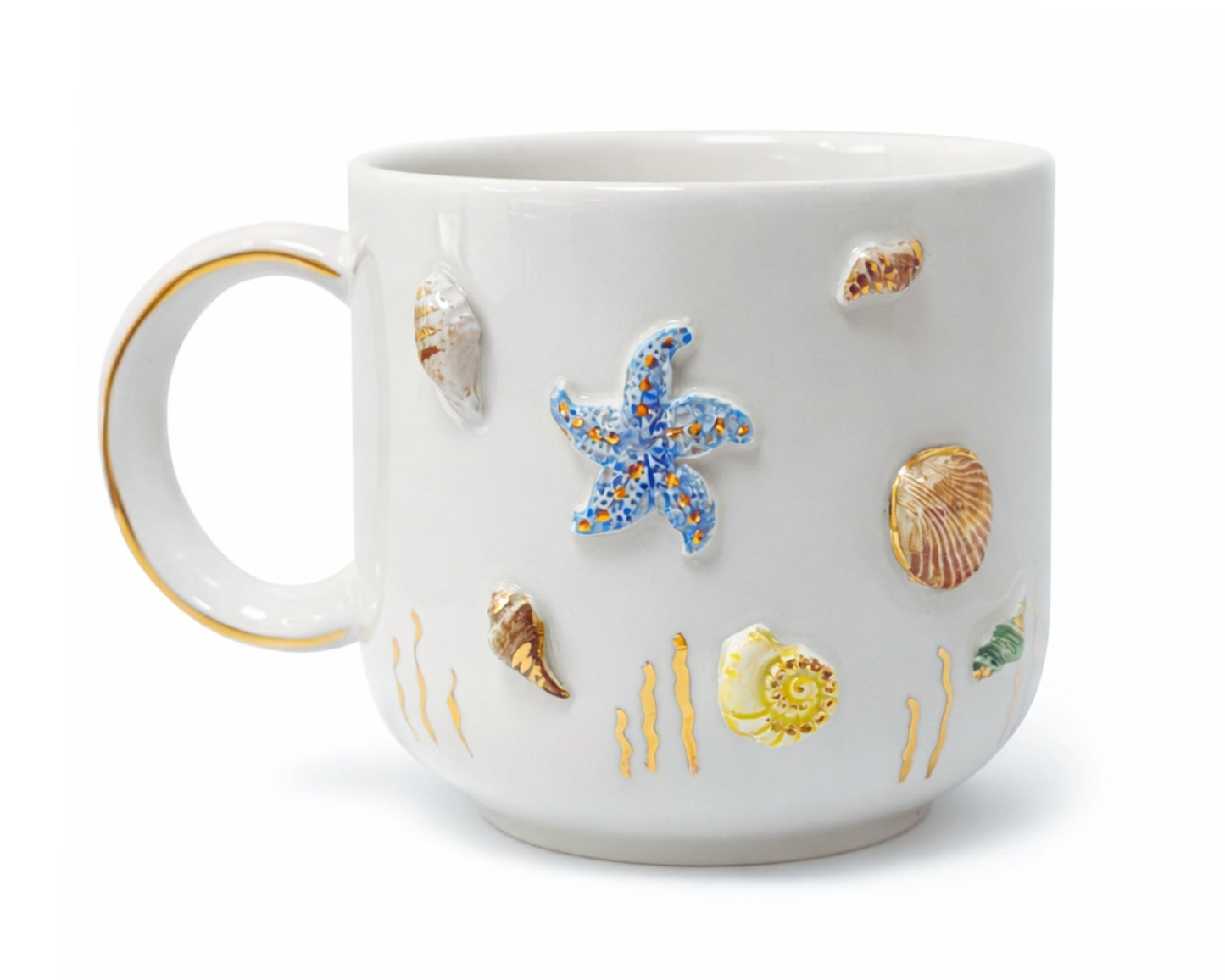 Hediyelik deniz yıldızı marine desenli el yapımı seramik kupa, 24K altın dekorlu premium handmade marine temalı tasarım mug.