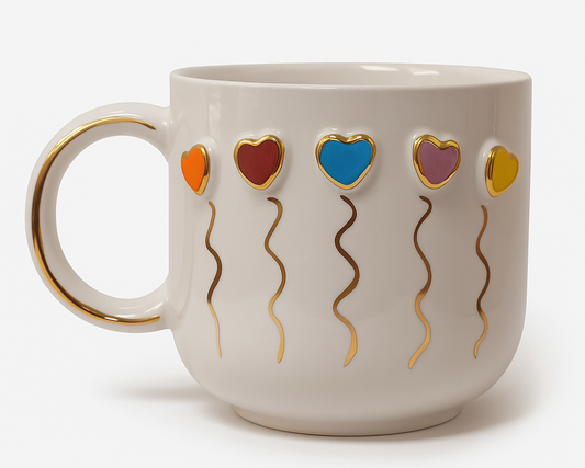 Balon Kalp Desenli El Yapımı Seramik Kupa / 300ml / 24K Altın Dekorlu Hediyelik Mug