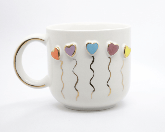 Balon Kalp Desenli El Yapımı Seramik Kupa / 300ml / 24K Altın Dekorlu Hediyelik Mug