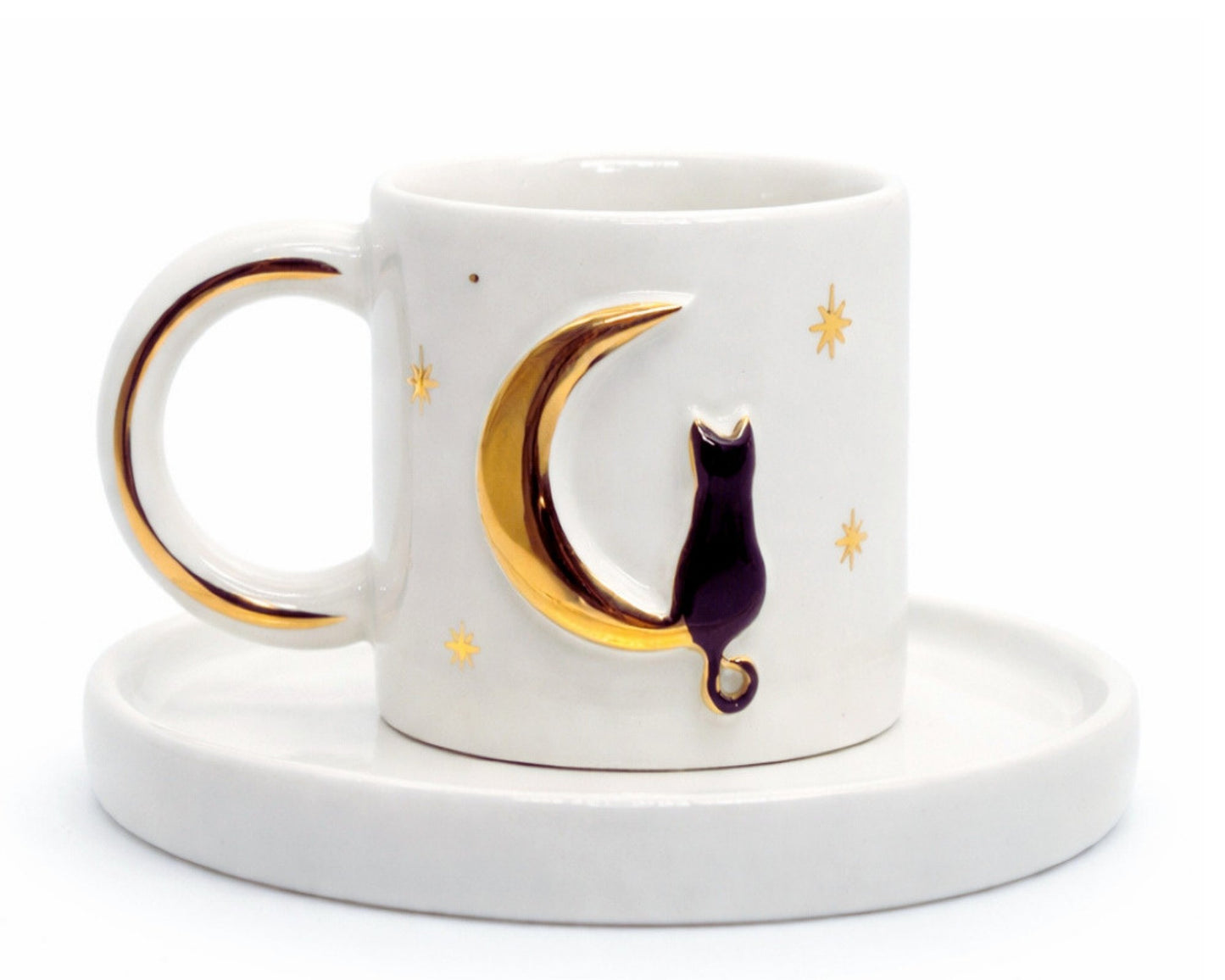 Hediyelik aydaki kedi desenli el yapımı seramik fincan, 24K altın dekorlu premium handmade gold luna temalı tasarım fincan ve tabağı.
