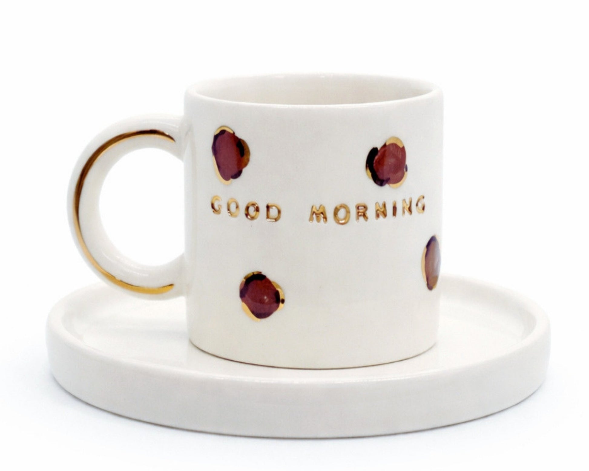 Hediyelik good mornşng baskılı el yapımı seramik fincan, 24K altın dekorlu premium handmade boutique temalı tasarım fincan ve tabağı.