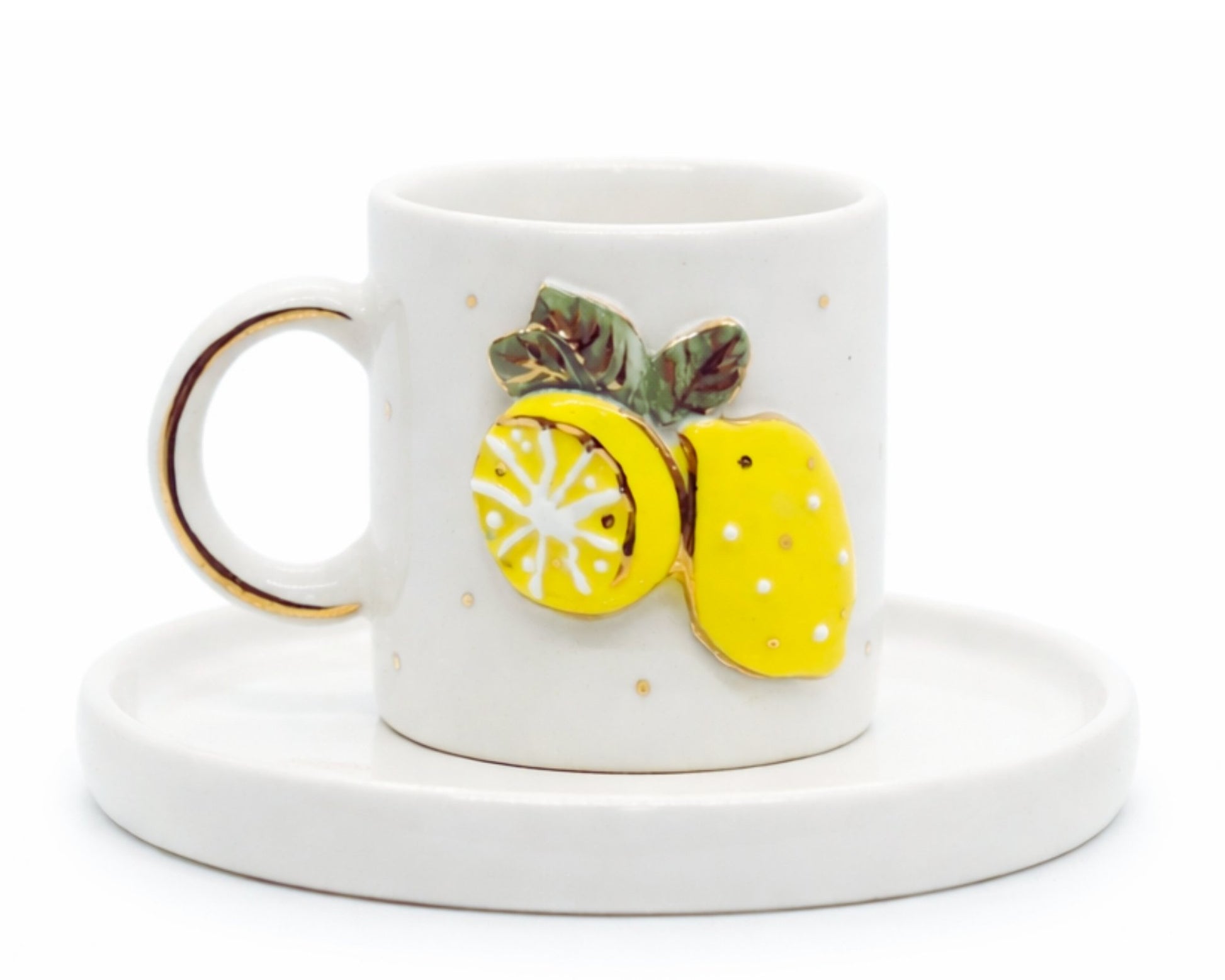 Hediyelik yaz sarı limon desenli el yapımı seramik fincan, 24K altın dekorlu premium handmade lime and flower temalı tasarım fincan ve tabağı.