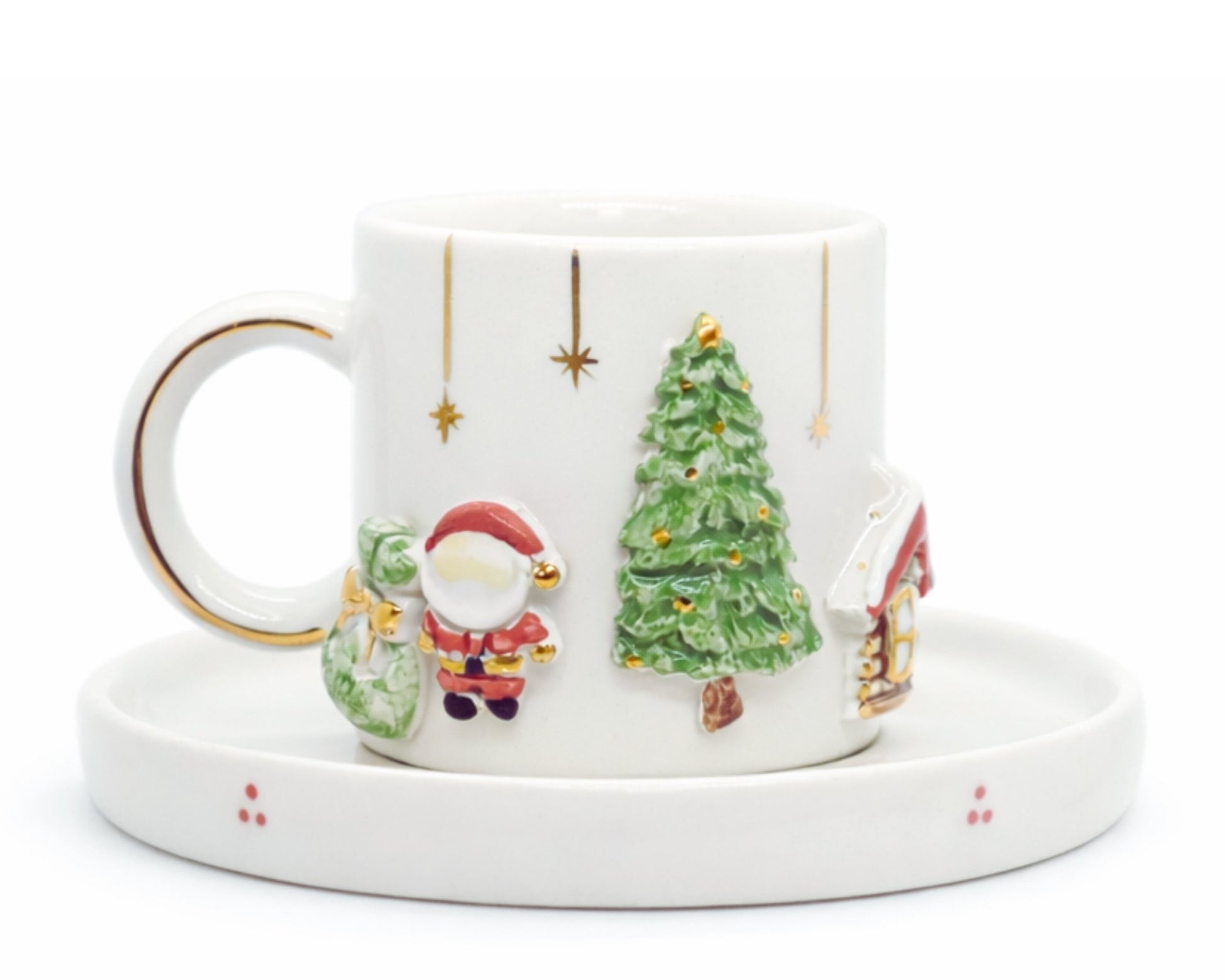 Hediyelik yılbaşı noel baba çam ağacı ev kese desenli el yapımı seramik fincan, 24K altın dekorlu premium handmade yılbaşı temalı tasarım fincan ve tabağı.