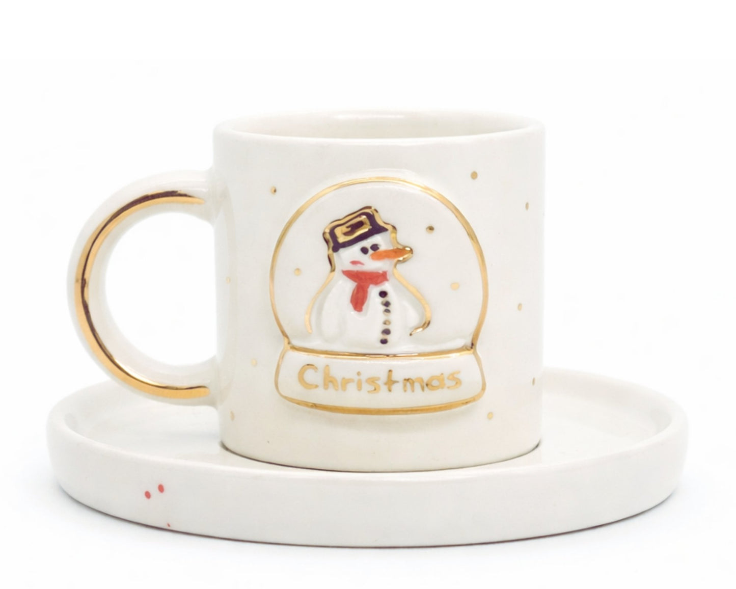 Hediyelik yılbaşı noel baba noel magic desenli el yapımı seramik fincan, 24K altın dekorlu premium handmade yılbaşı temalı tasarım fincan ve tabağı.