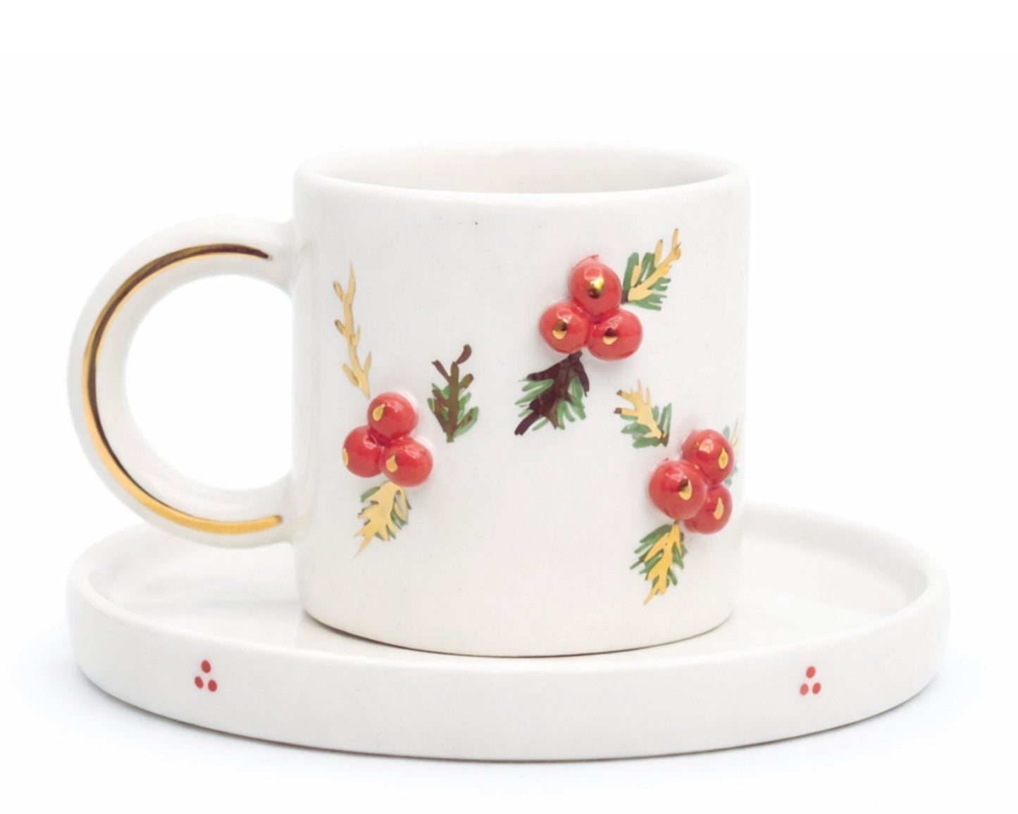 Hediyelik yılbaşı kokina desenli el yapımı seramik fincan, 24K altın dekorlu premium handmade christmas temalı tasarım fincan ve tabağı.