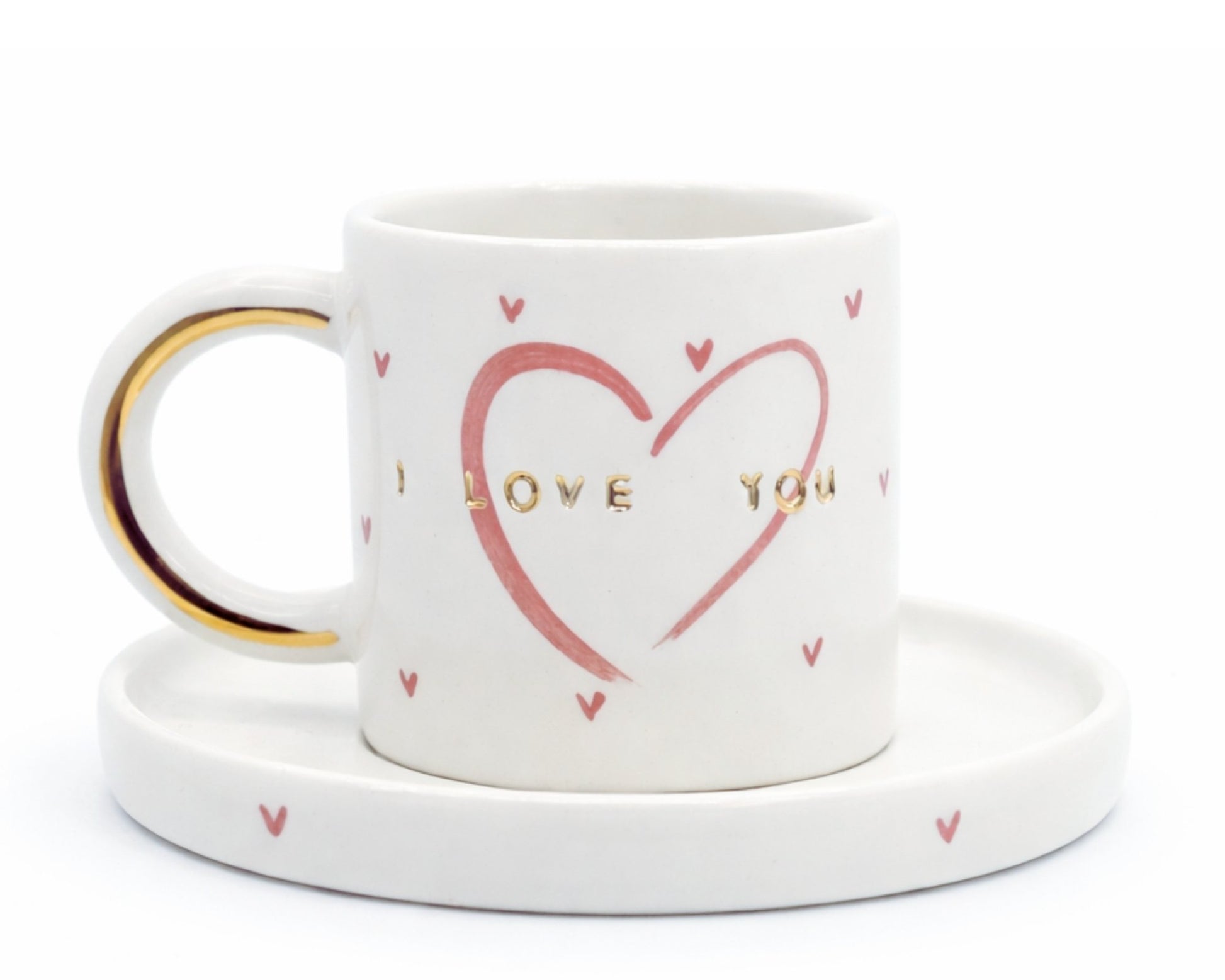 Hediyelik sallanan i love you baskısı ve kırmızı kalp desenli el yapımı seramik fincan, 24K altın dekorlu premium handmade love temalı tasarım fincan ve tabağı.
