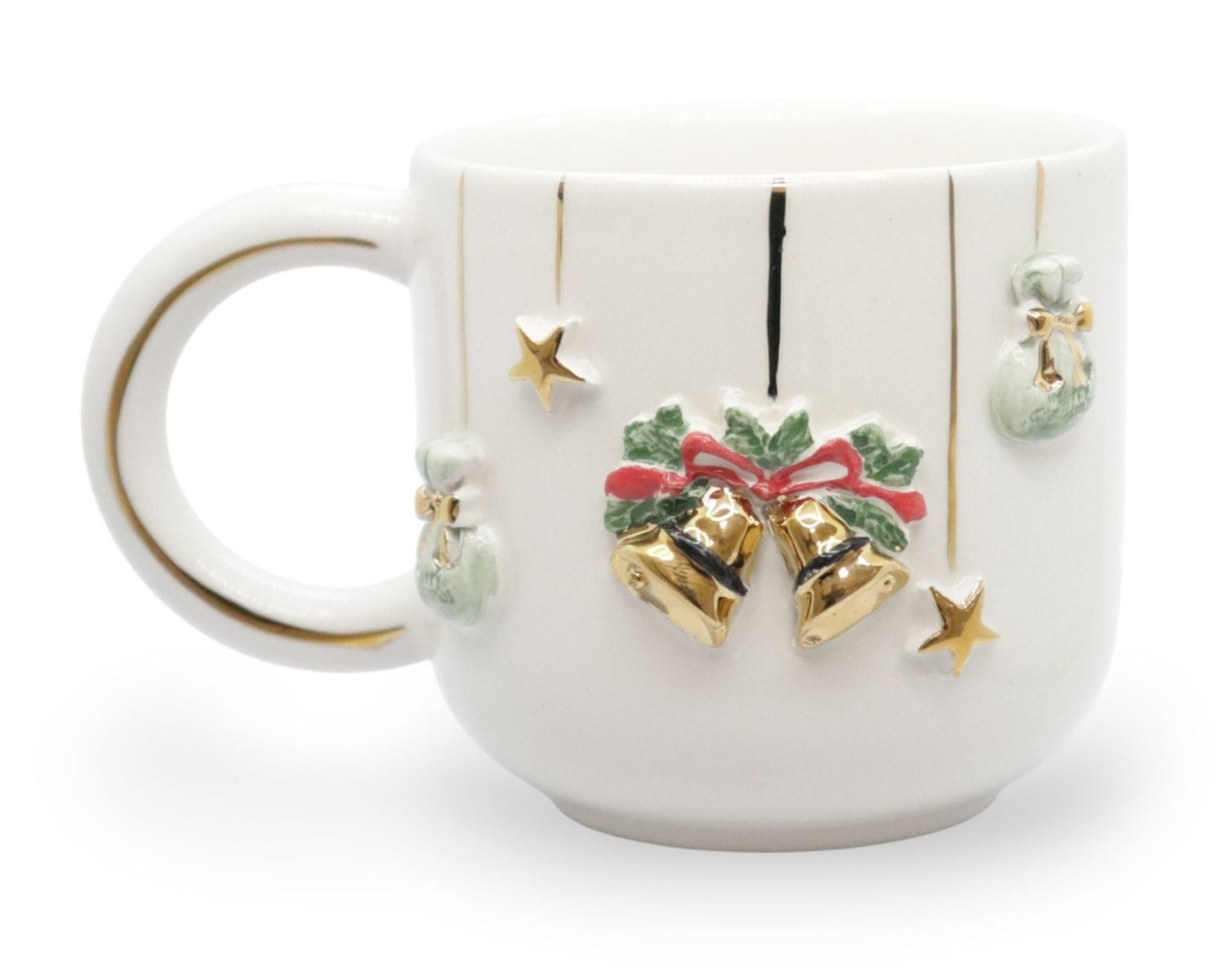 Hediyelik yılbaşı çanı ve hanging bells desenli el yapımı seramik kupa, 24K altın dekorlu premium handmade yeni yıl temalı tasarım mug.