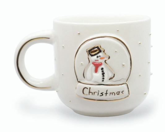 Hediyelik kardan adam ve christmas snowman desenli el yapımı seramik kupa, 24K altın dekorlu premium handmade kış temalı tasarım mug.