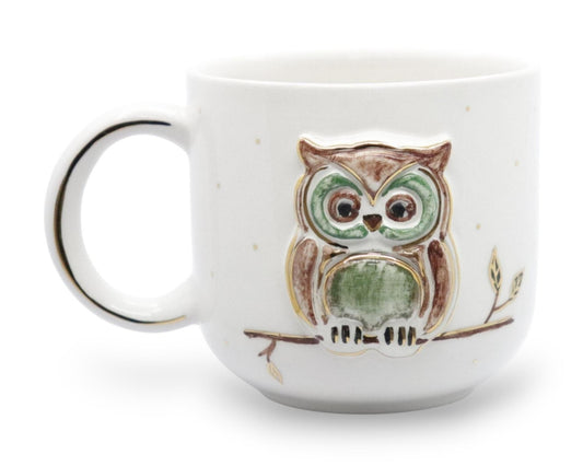 Baykuş Desenli El Yapımı Seramik Kupa / 24K Altın Dekorlu Hediyelik Mug