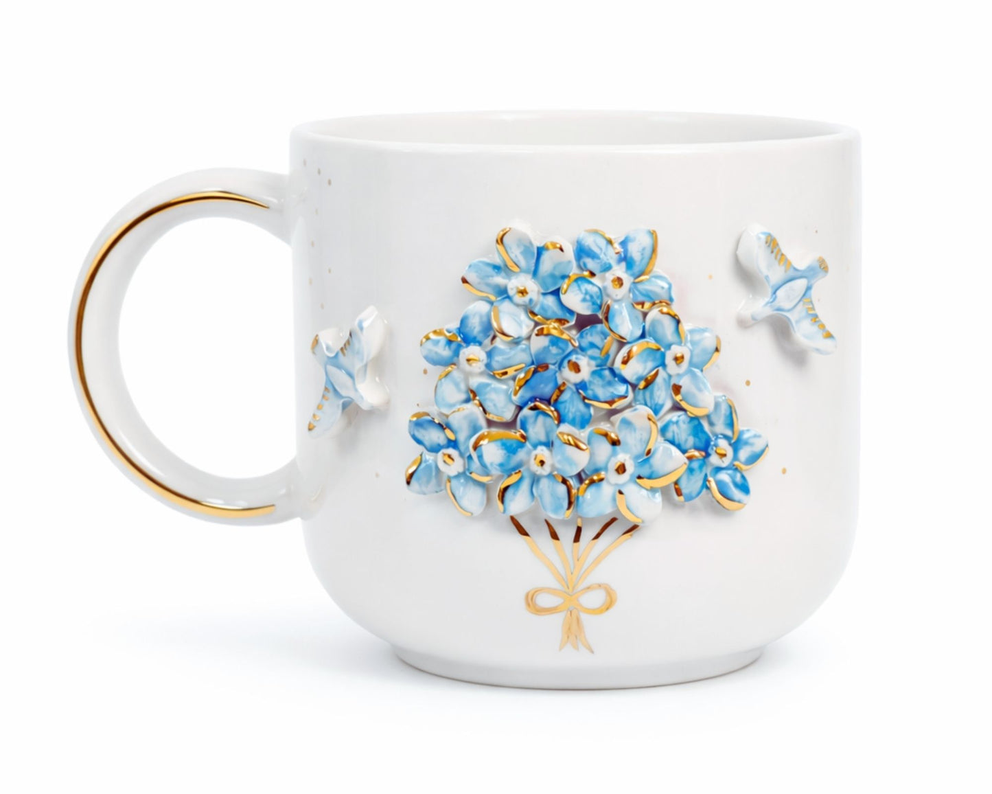 Hediyelik blue flower, mavi çiçek ve kuş desenli el yapımı seramik kupa, 24K altın dekorlu premium handmade gold temalı tasarım mug.