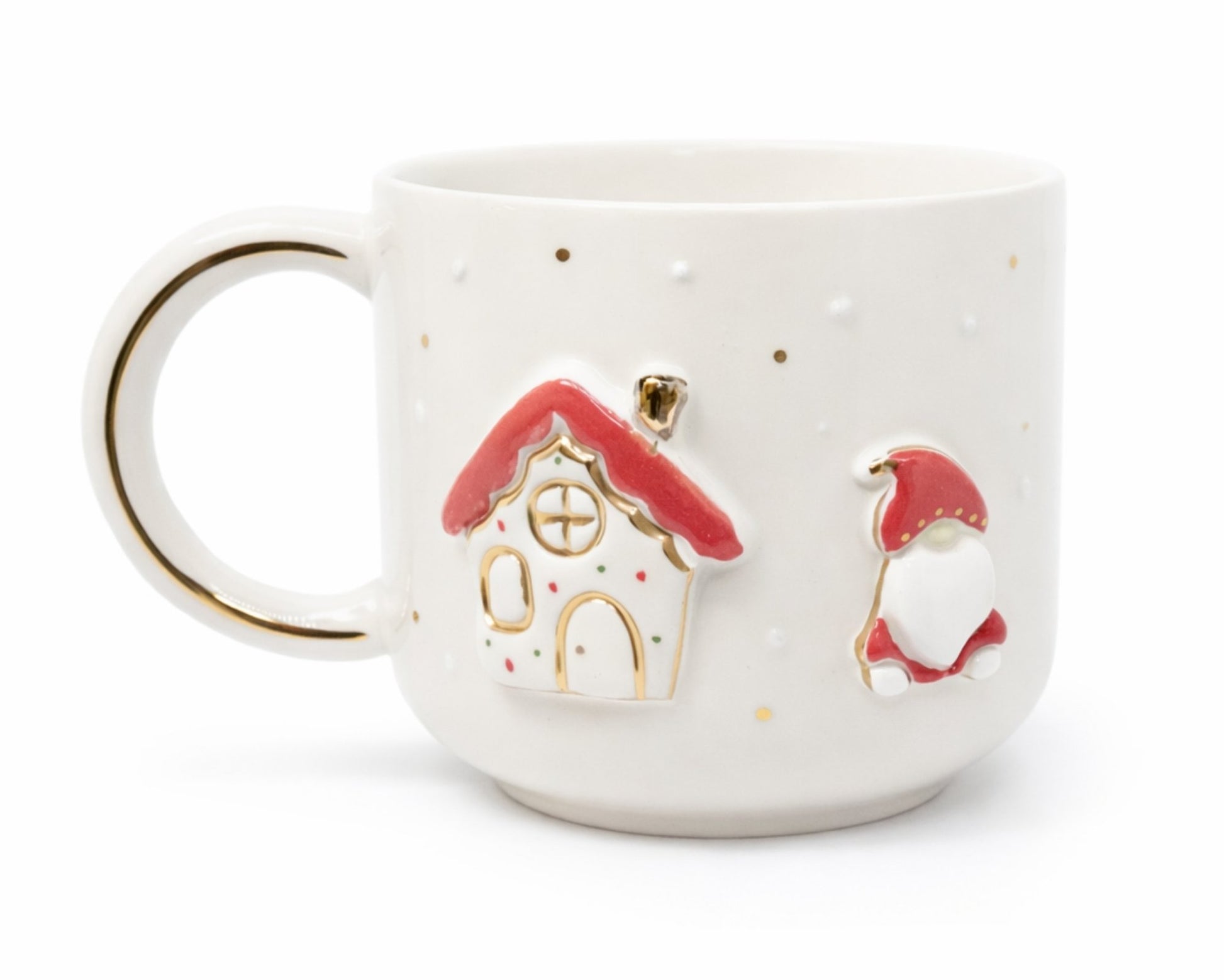 Hediyelik Christmas Gnome, şans cücesi ve masal evi desenli el yapımı seramik kupa, 24K altın dekorlu premium handmade kış masalı tasarım mug.