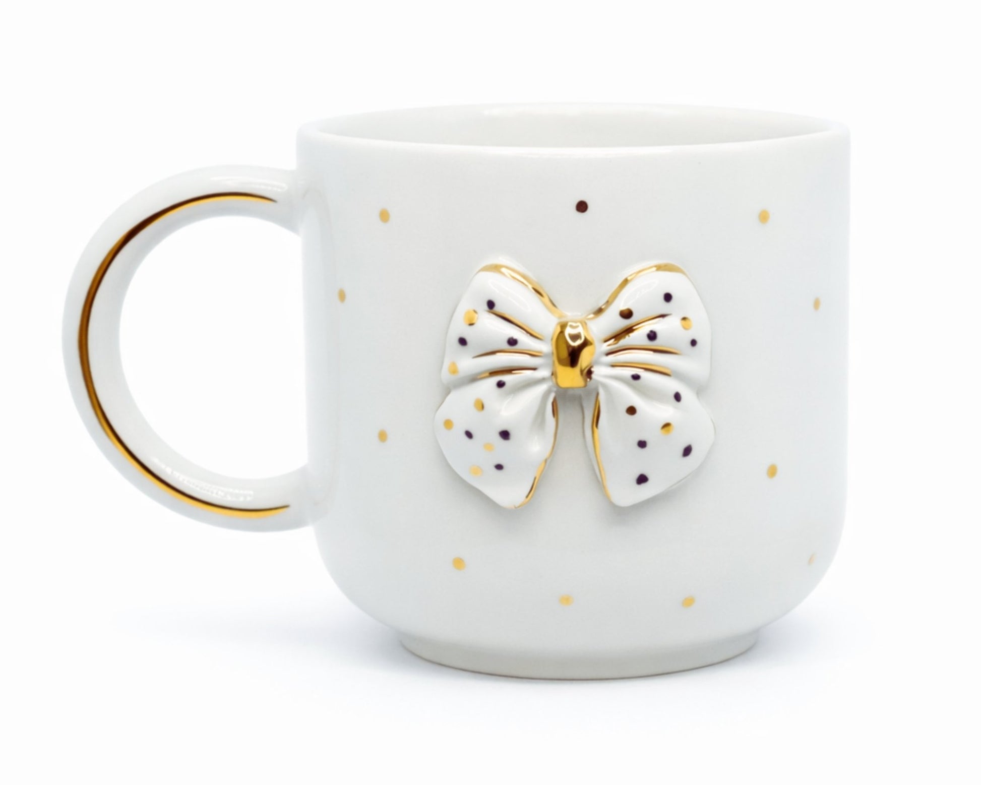 Hediyelik puantiye ve fiyonk desenli el yapımı seramik kupa, 24K altın dekorlu premium handmade gold temalı tasarım mug.