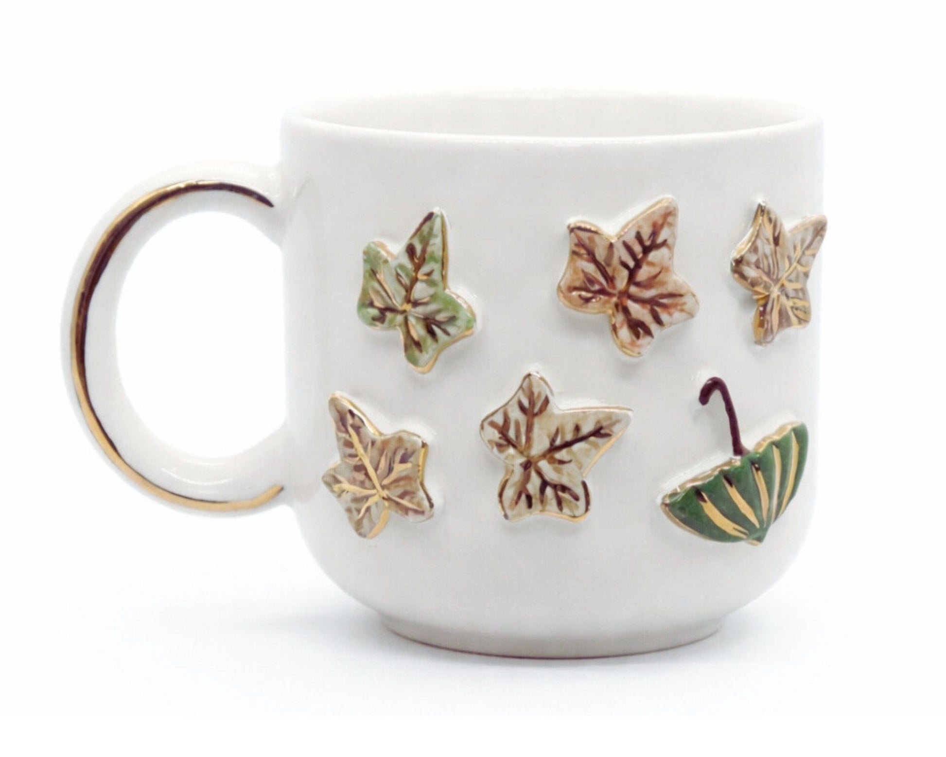 Hediyelik sonhabar desenli el yapımı seramik kupa, 24K altın dekorlu premium handmade güz yaprak temalı tasarım mug.