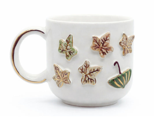 Hediyelik sonhabar desenli el yapımı seramik kupa, 24K altın dekorlu premium handmade güz yaprak temalı tasarım mug.