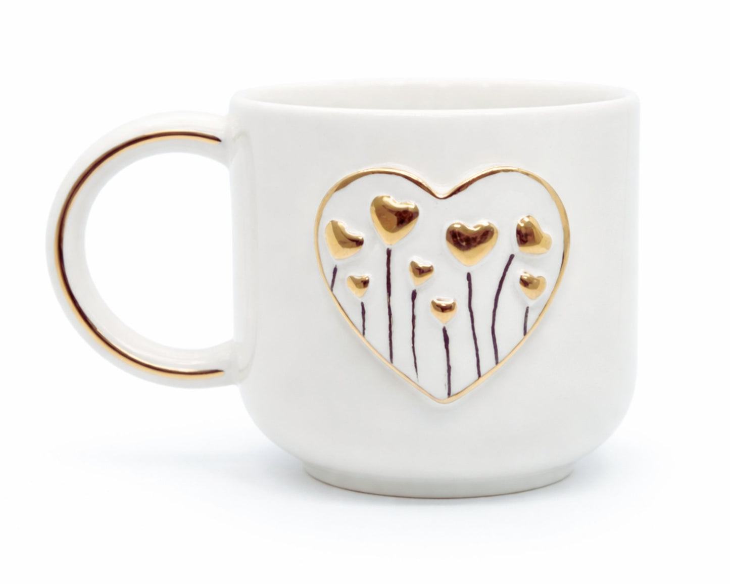 Hediyelik altın kalp desenli el yapımı seramik kupa, 24K altın dekorlu premium handmade love sevgi tasarım mug.