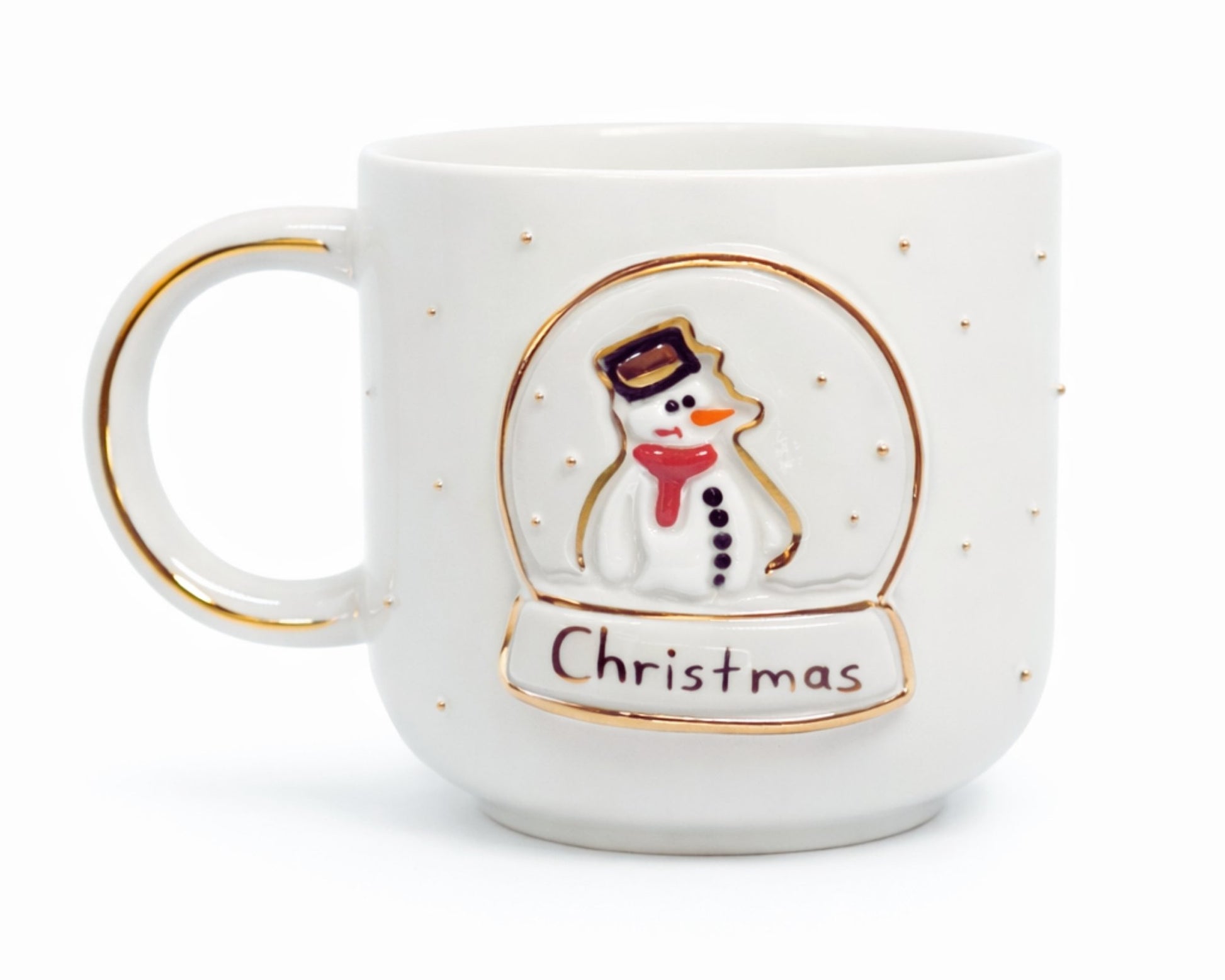 Hediyelik kardan adam ve christmas snowman desenli el yapımı seramik kupa, 24K altın dekorlu premium handmade kış temalı tasarım mug.