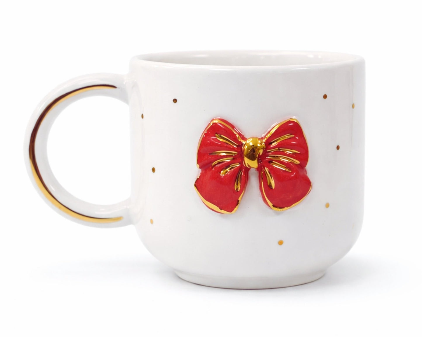 Hediyelik kırmızı fiyonk desenli el yapımı seramik kupa, 24K altın dekorlu premium handmade altın fiyonk tasarım mug.