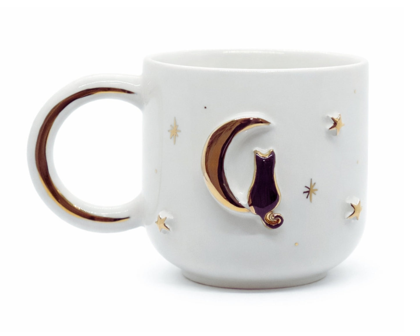 Hediyelik kedi ve ay cat desenli el yapımı seramik kupa, 24K altın dekorlu premium handmade kedi ve ay temalı tasarım mug.