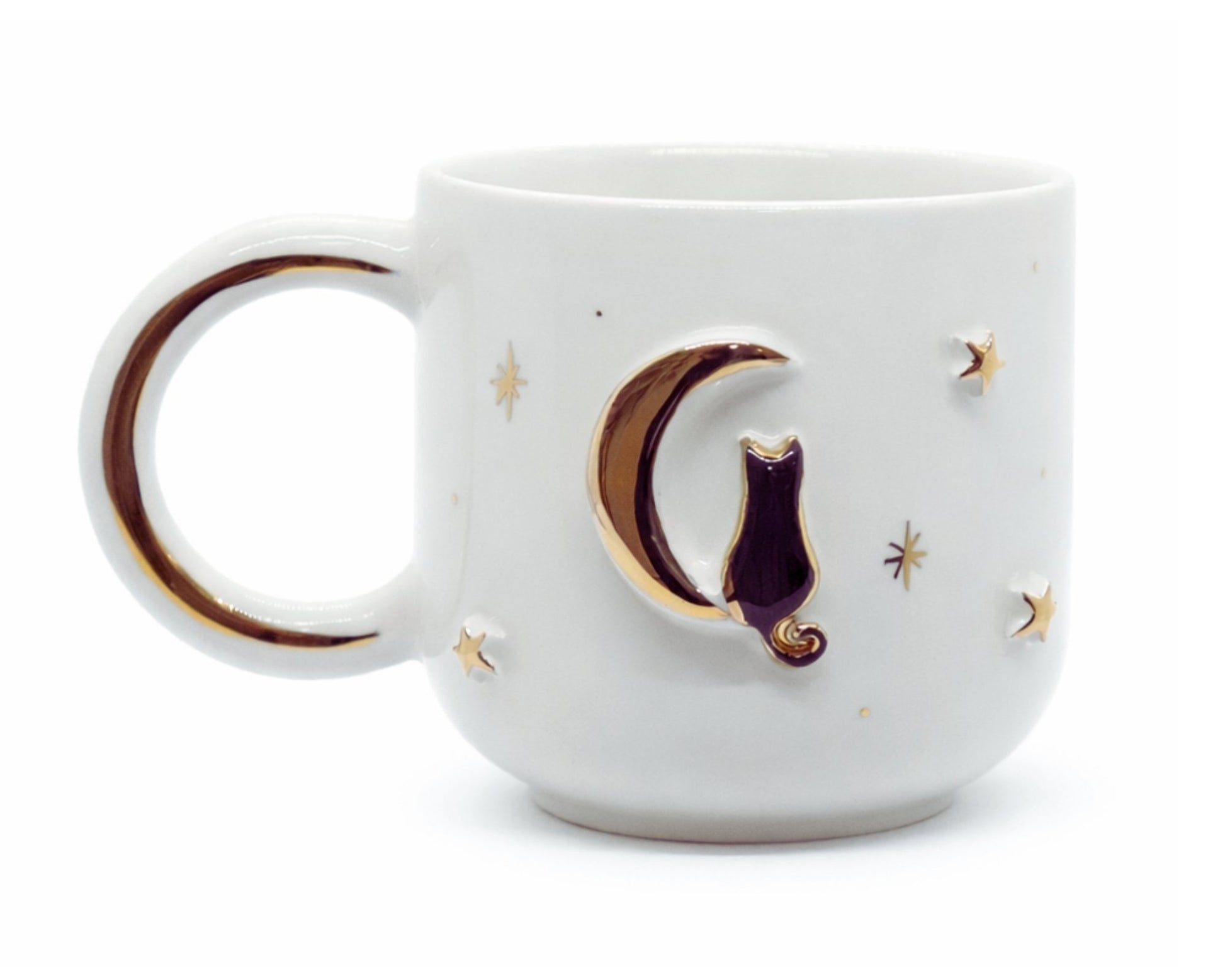 Hediyelik kedi ve ay cat desenli el yapımı seramik kupa, 24K altın dekorlu premium handmade kedi ve ay temalı tasarım mug.