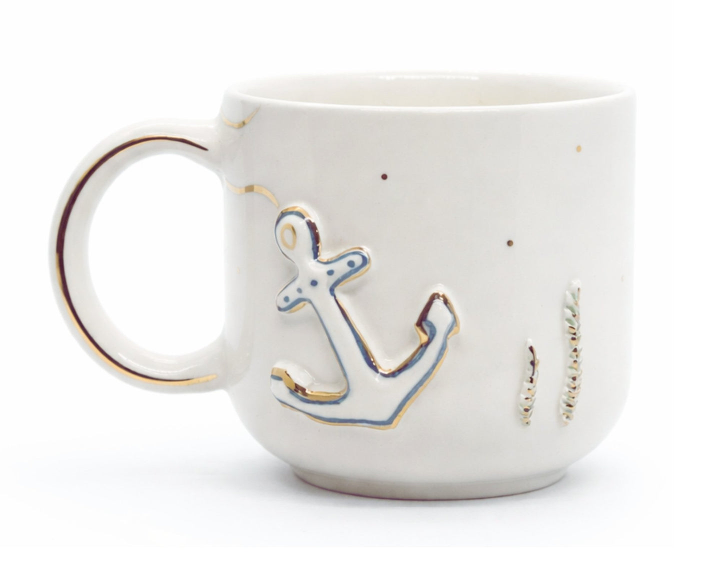 Hediyelik marine çapa desenli el yapımı seramik fincan, 24K altın dekorlu premium handmade marine temalı tasarım fincan ve tabağı.
