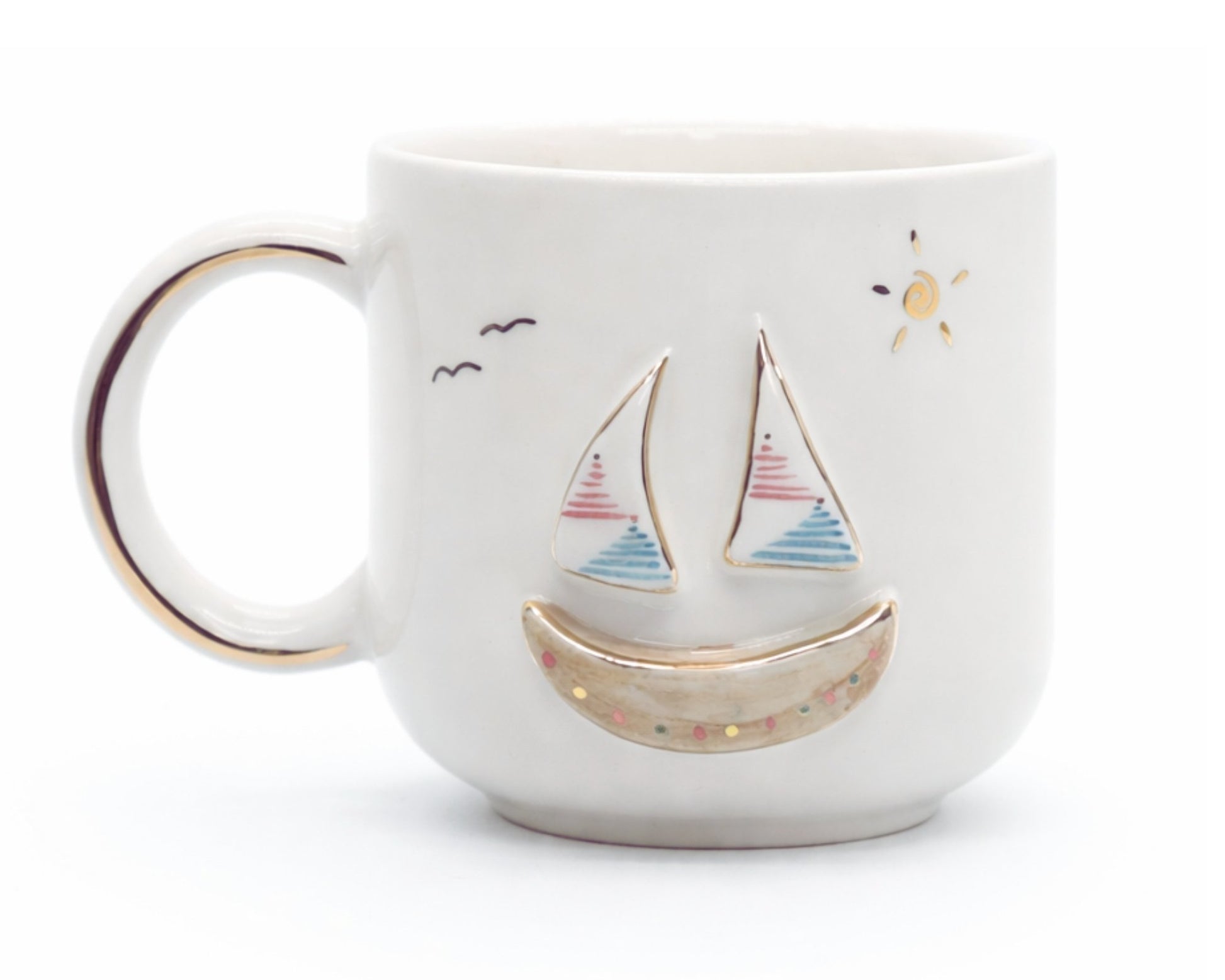 Hediyelik marine yelkenli deniz desenli el yapımı seramik kupa, 24K altın dekorlu premium handmade marine temalı tasarım mug.