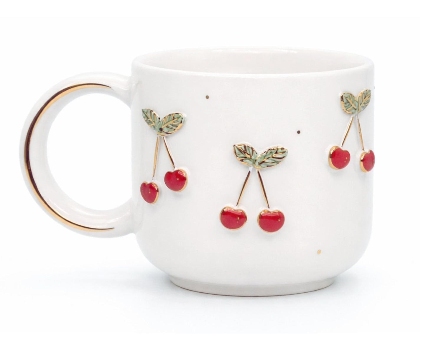 Hediyelik altın kiraz kalp desenli el yapımı seramik kupa, 24K altın dekorlu premium handmade gold love temalı tasarım mug.
