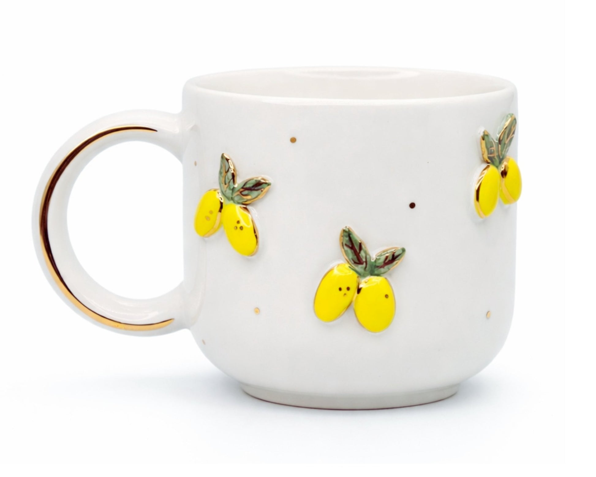 Hediyelik minik limon desenli el yapımı seramik kupa, 24K altın dekorlu premium handmade yaz flowers temalı tasarım mug.