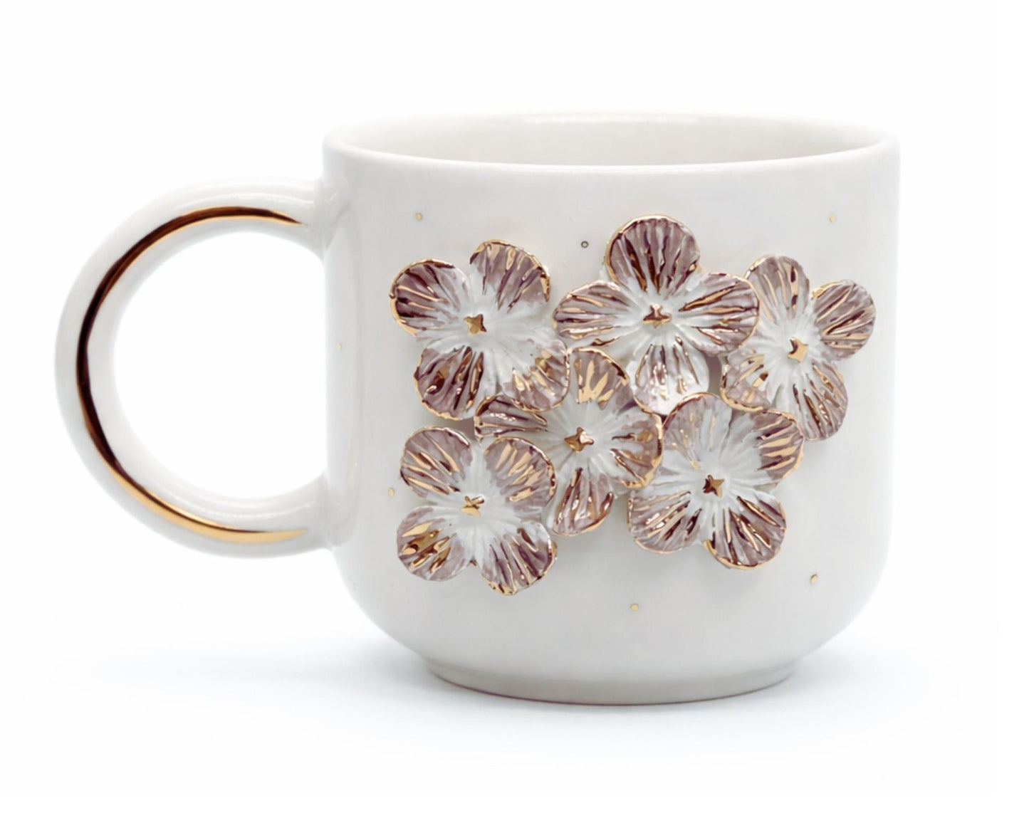 Hediyelik zarif mor çiçek desenli el yapımı seramik kupa, 24K altın dekorlu premium handmade flowers temalı tasarım mug.