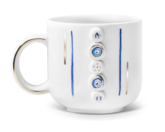 Hediyelik nazar boncuğu desenli el yapımı seramik kupa, 24K altın dekorlu premium handmade nazar sütunu temalı tasarım mug.