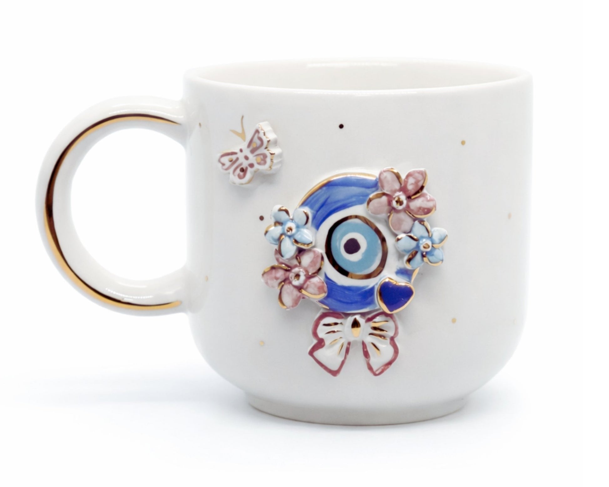 Hediyelik çiçekli nazar göz evil eye desenli el yapımı seramik kupa, 24K altın dekorlu premium handmade nazar boncuğu temalı tasarım mug.