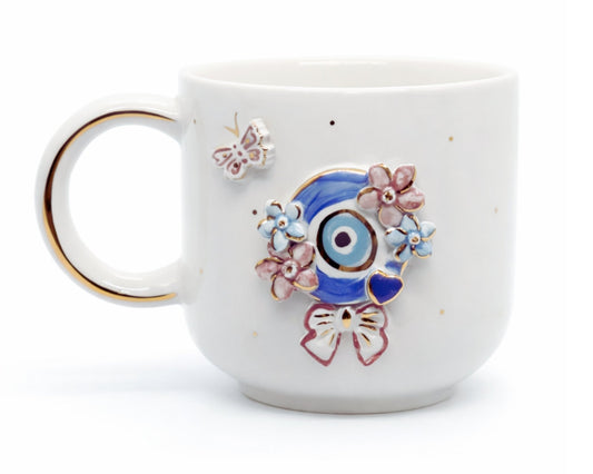 Hediyelik çiçekli nazar göz evil eye desenli el yapımı seramik kupa, 24K altın dekorlu premium handmade nazar boncuğu temalı tasarım mug.