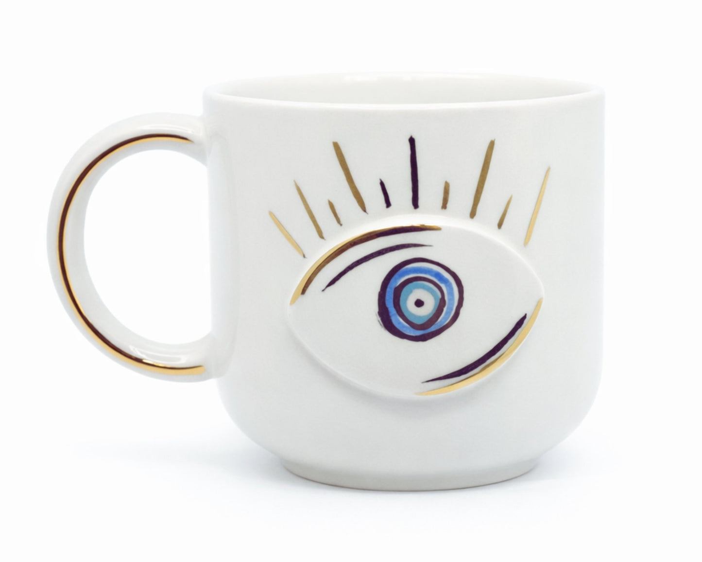 Hediyelik nazar göz evil eye desenli el yapımı seramik kupa, 24K altın dekorlu premium handmade nazar boncuğu temalı tasarım mug.