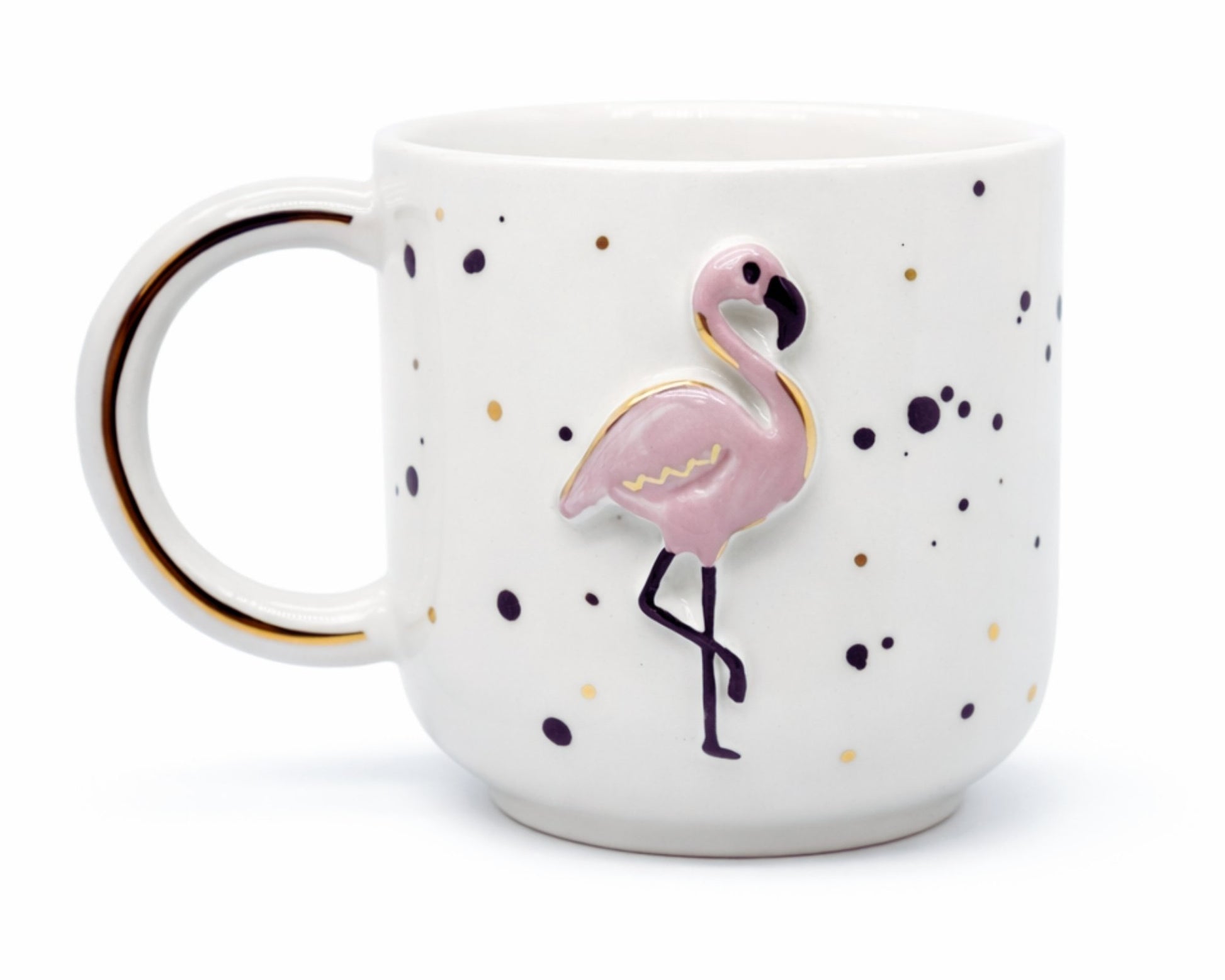 Hediyelik pembe altın flamingo desenli el yapımı seramik kupa, 24K altın dekorlu premium handmade flamingo temalı tasarım mug.