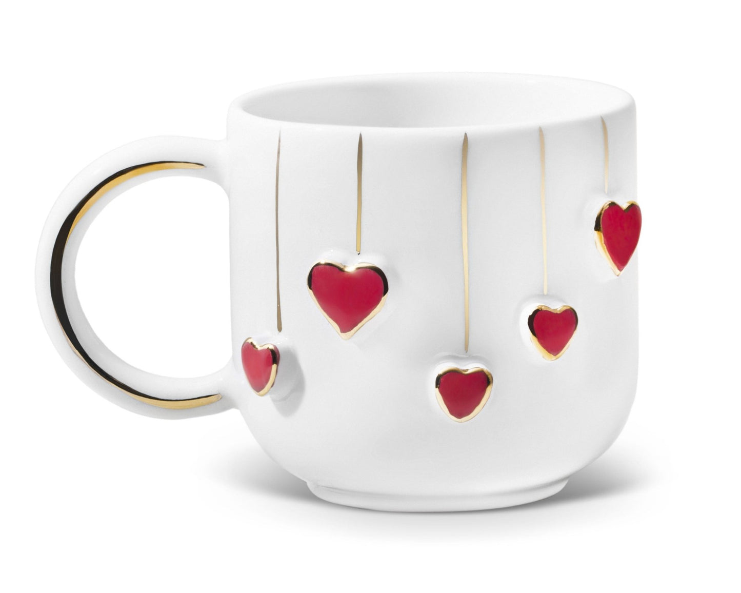 Hediyelik sallanan kalp desenli el yapımı seramik kupa, 24K altın dekorlu premium handmade hanging hearts temalı tasarım mug.