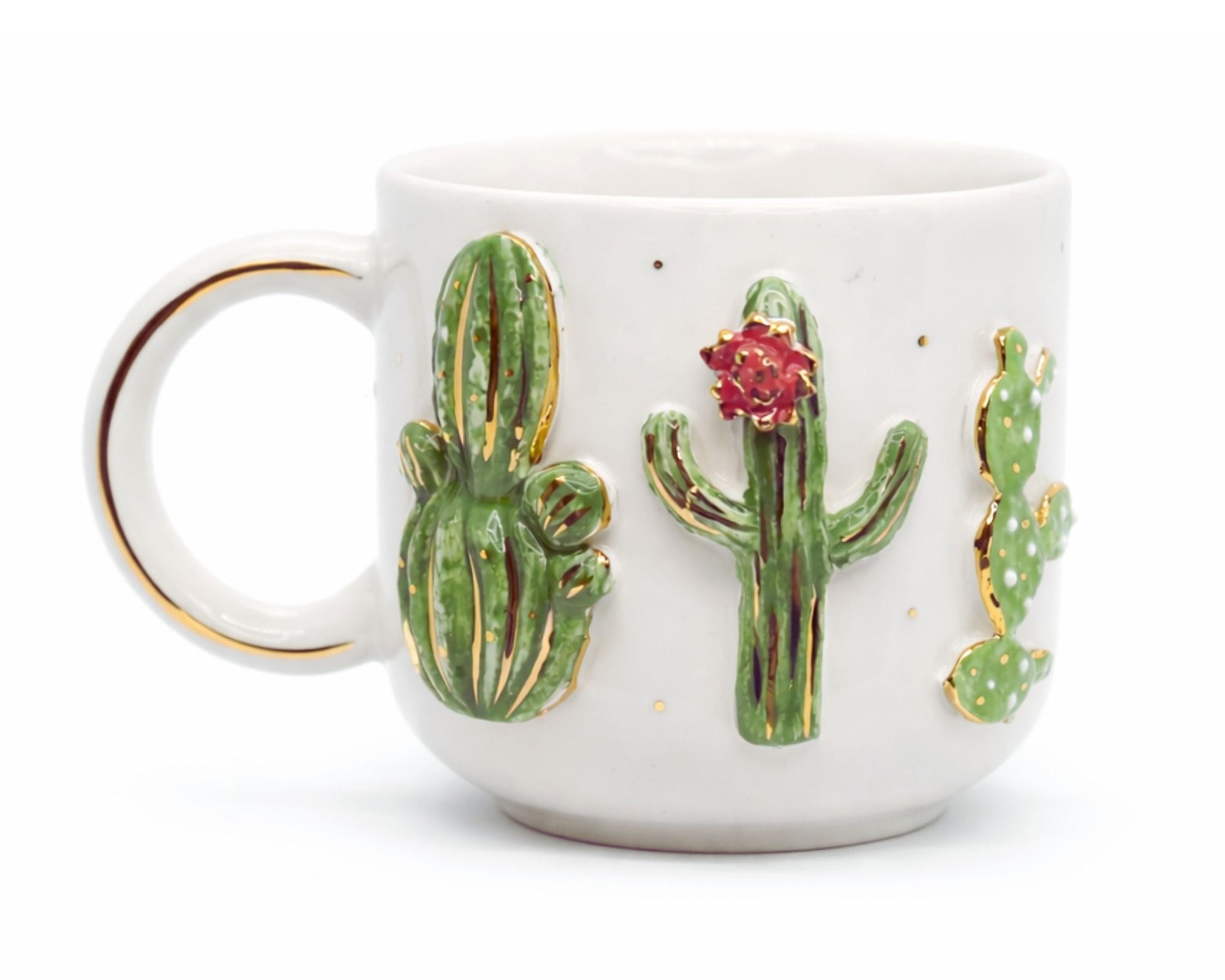 Hediyelik kaktüs desenli el yapımı seramik kupa, 24K altın dekorlu premium handmade flowers temalı tasarım mug.