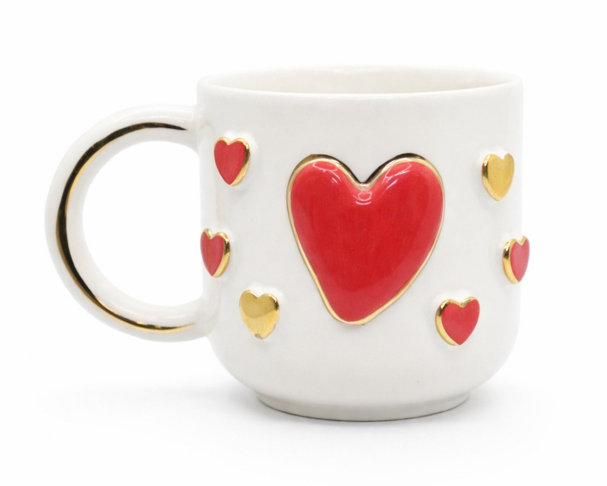 Hediyelik kalp desenli el yapımı seramik kupa, 24K altın dekorlu premium handmade gold heart temalı tasarım mug.