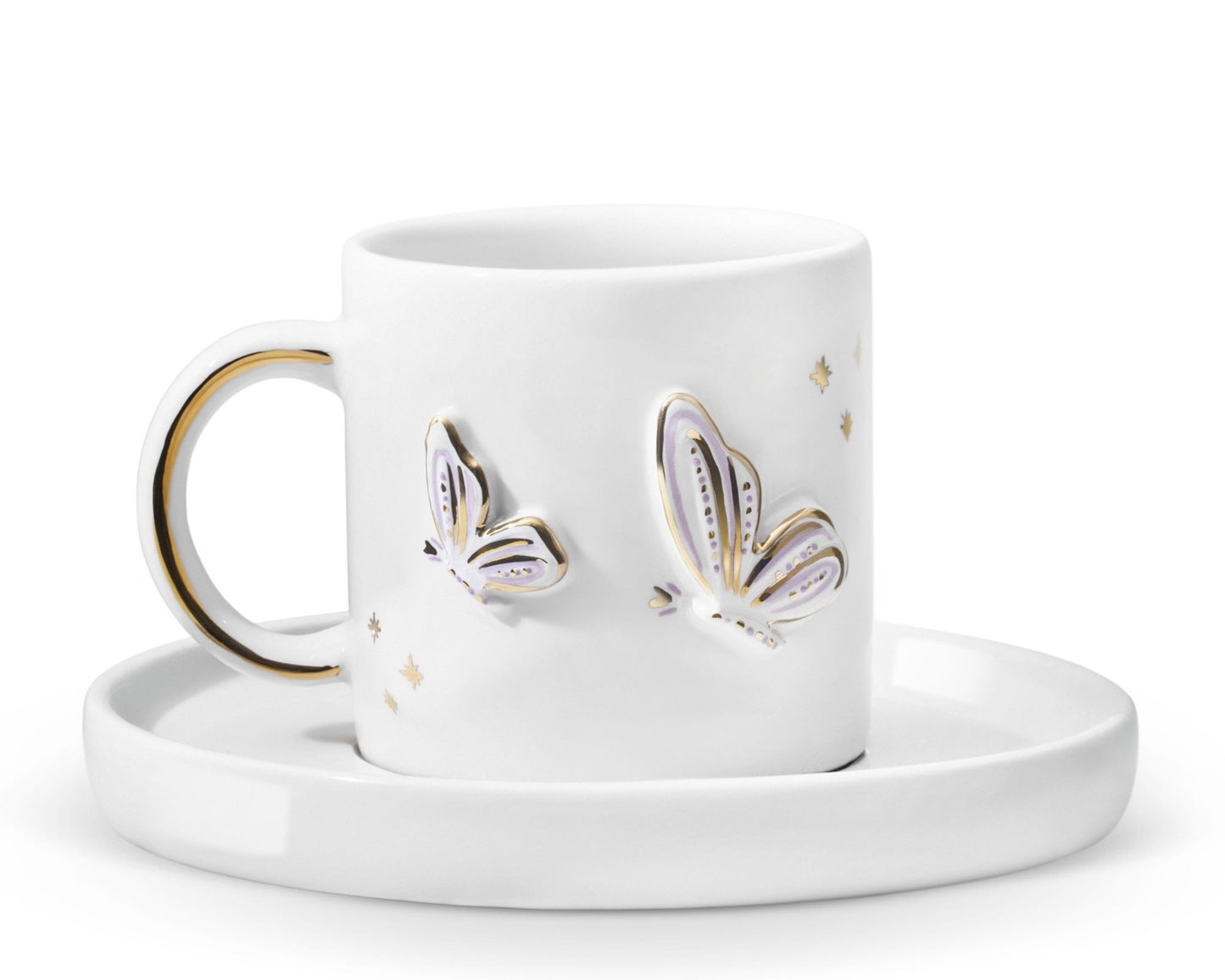Hediyelik kelebek desenli el yapımı seramik fincan, 24K altın dekorlu premium handmade butterfly temalı tasarım fincan ve tabağı.